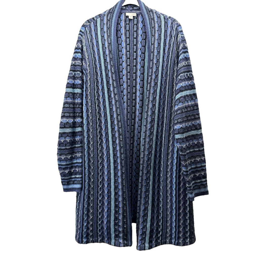 J Jill Women's Tunic Cardigan Size XL Blue Mixed Stripes Long Sleeve Open Knit